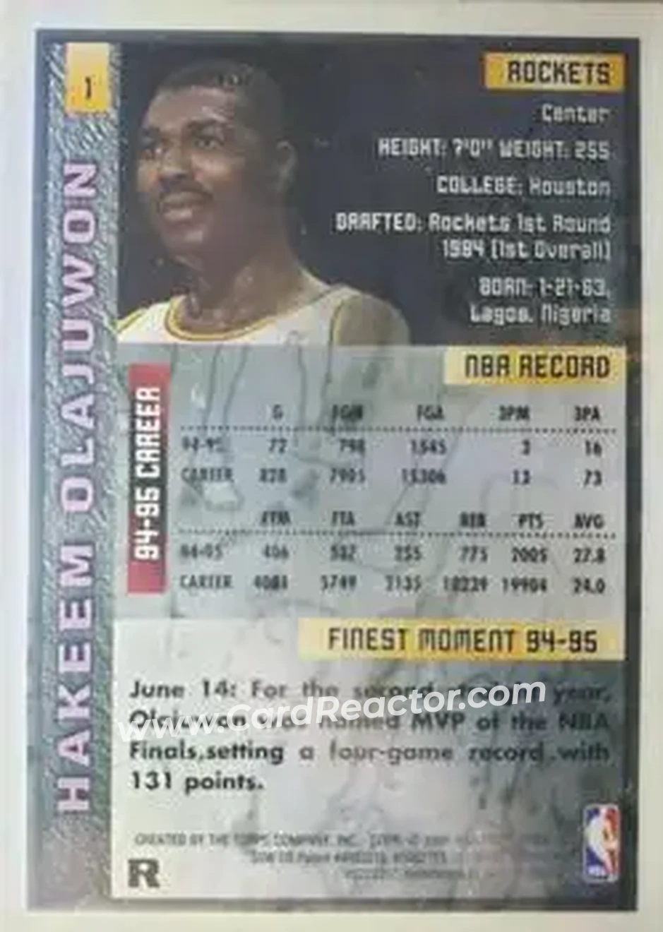 1995-96 Finest - Refractors #1 - Hakeem Olajuwon - Houston Rockets - Back