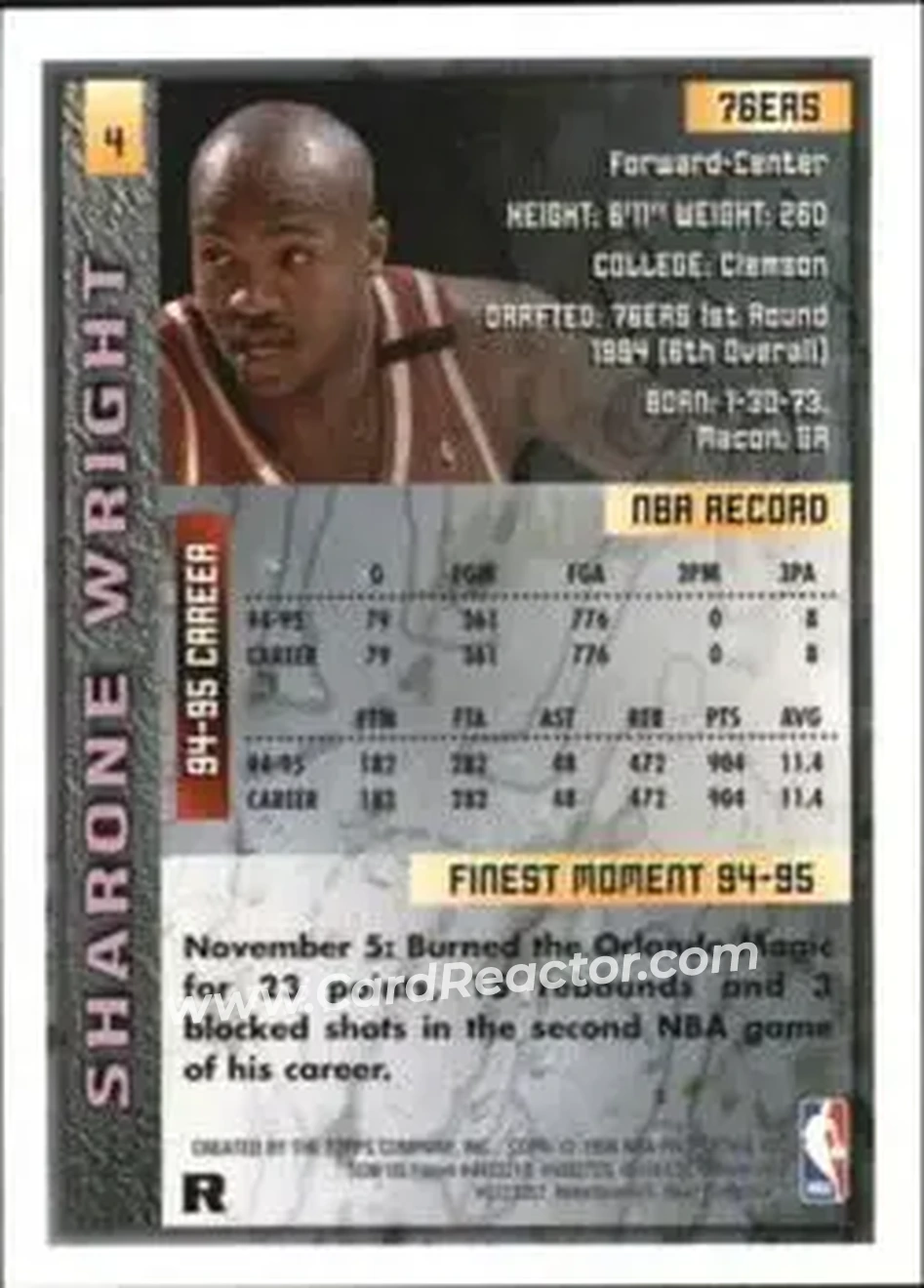 1995-96 Finest - Refractors #4 - Sharone Wright - Philadelphia 76ers - Back 1995-96 Finest - Refractors #4 - Sharone Wright - Philadelphia 76ers - Back