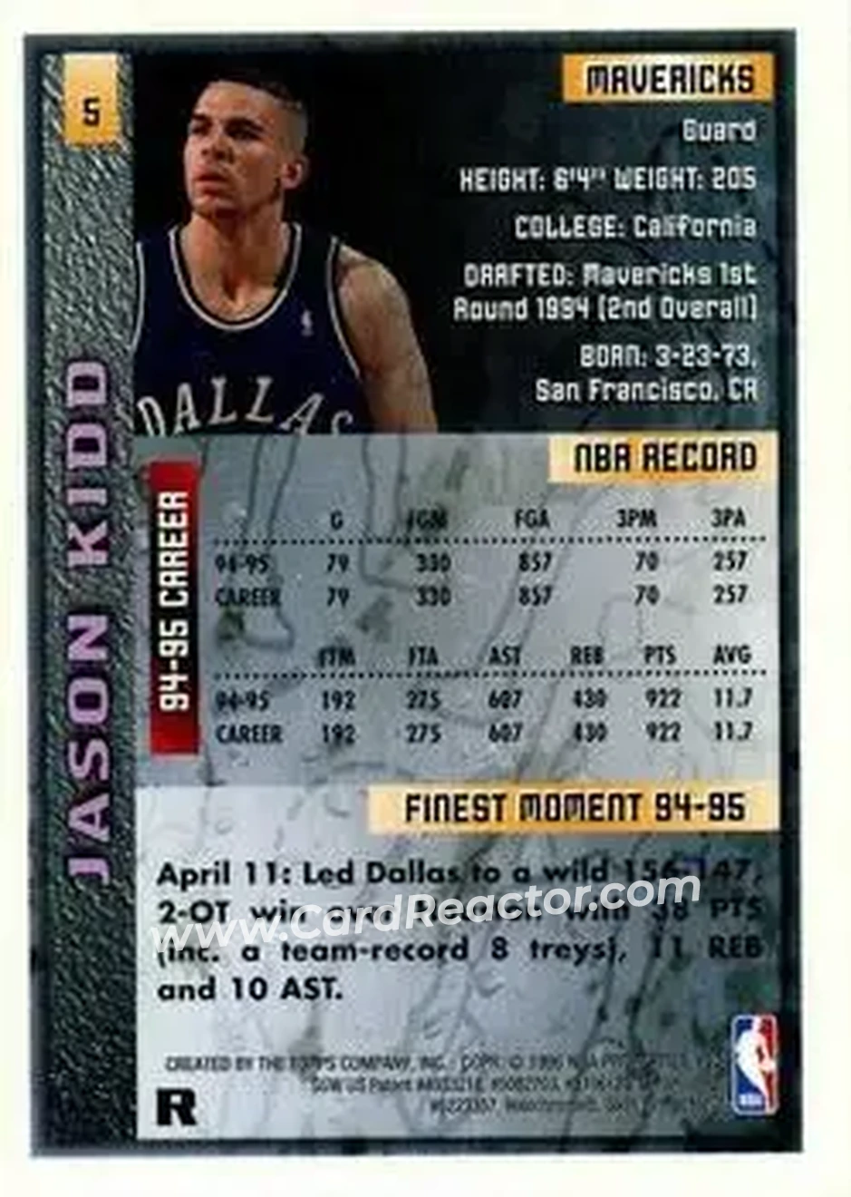 1995-96 Finest - Refractors #5 - Jason Kidd - Dallas Mavericks - Back