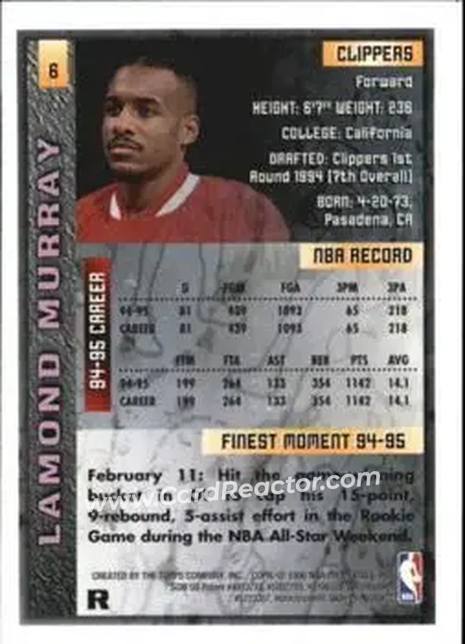 1995-96 Finest - Refractors #6 - Lamond Murray - Los Angeles Clippers - Back 1995-96 Finest - Refractors #6 - Lamond Murray - Los Angeles Clippers - Back