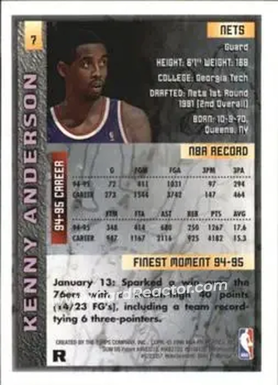 1995-96 Finest - Refractors #7 - Kenny Anderson - New Jersey Nets - Back