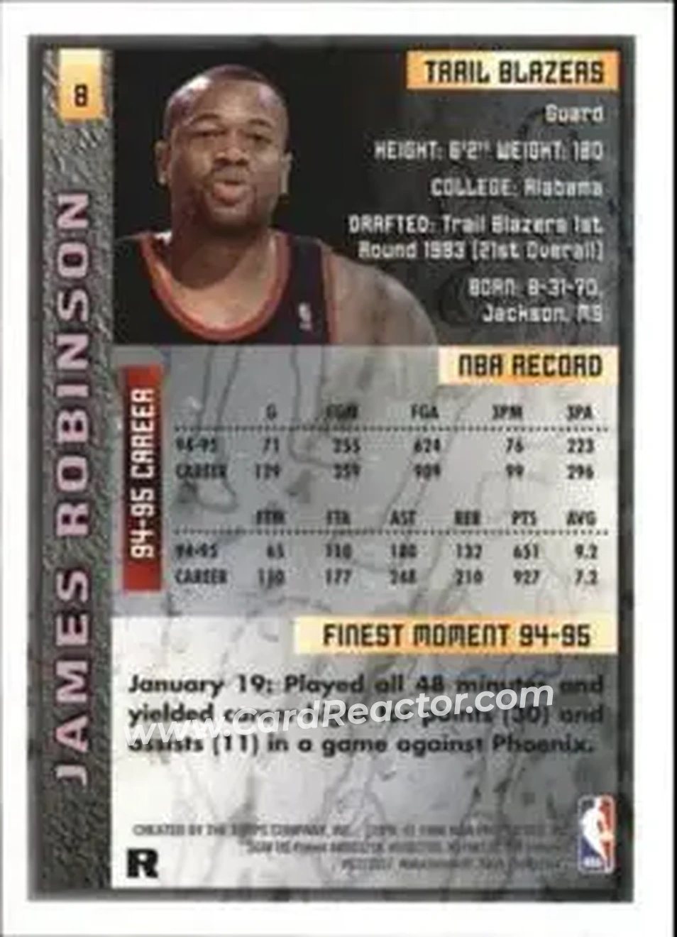 1995-96 Finest - Refractors #8 - James Robinson - Portland Trail Blazers - Back