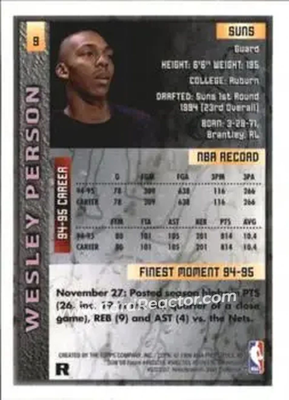 1995-96 Finest - Refractors #9 - Wesley Person - Phoenix Suns - Back