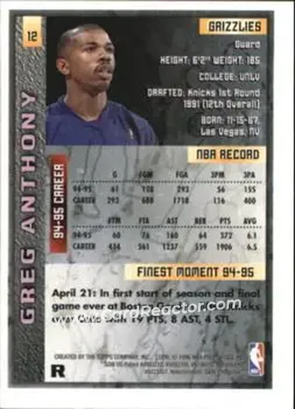 1995-96 Finest - Refractors #12 - Greg Anthony - Vancouver Grizzlies - Back 1995-96 Finest - Refractors #12 - Greg Anthony - Vancouver Grizzlies - Back