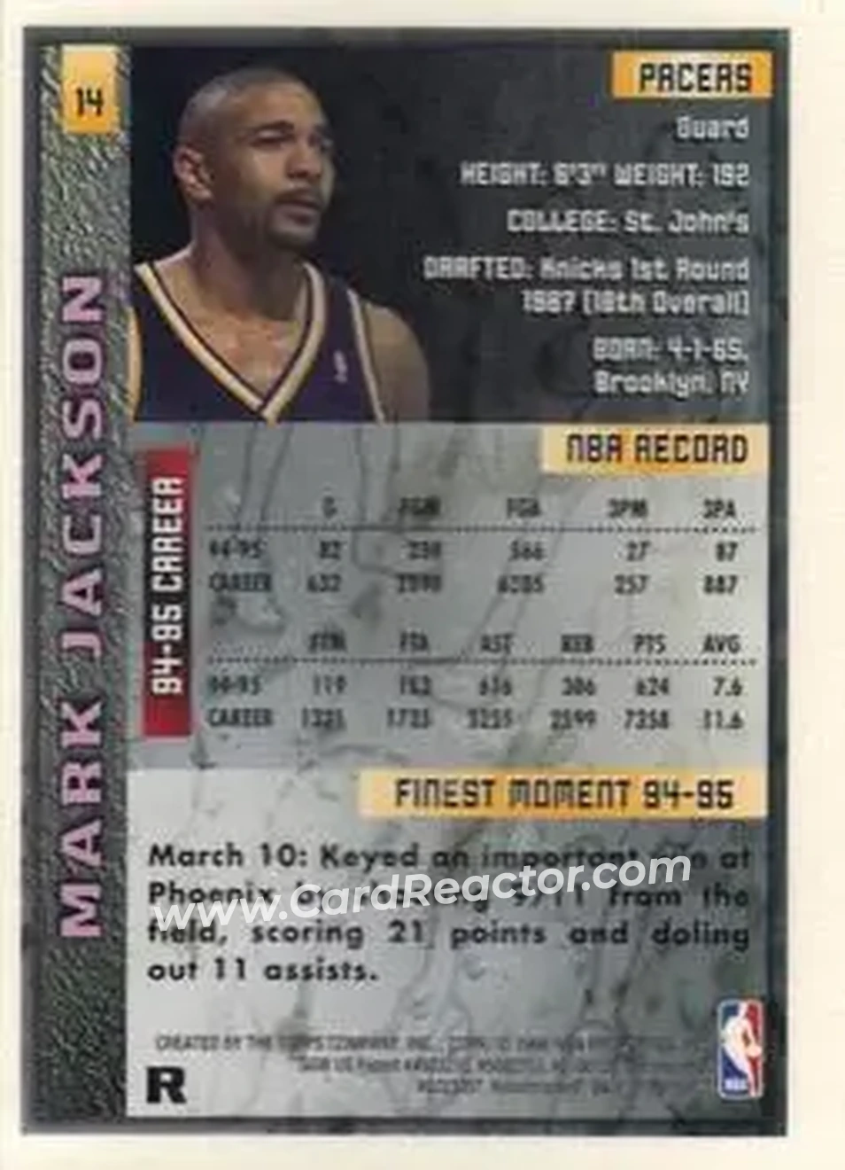 1995-96 Finest - Refractors #14 - Mark Jackson - Indiana Pacers - Back