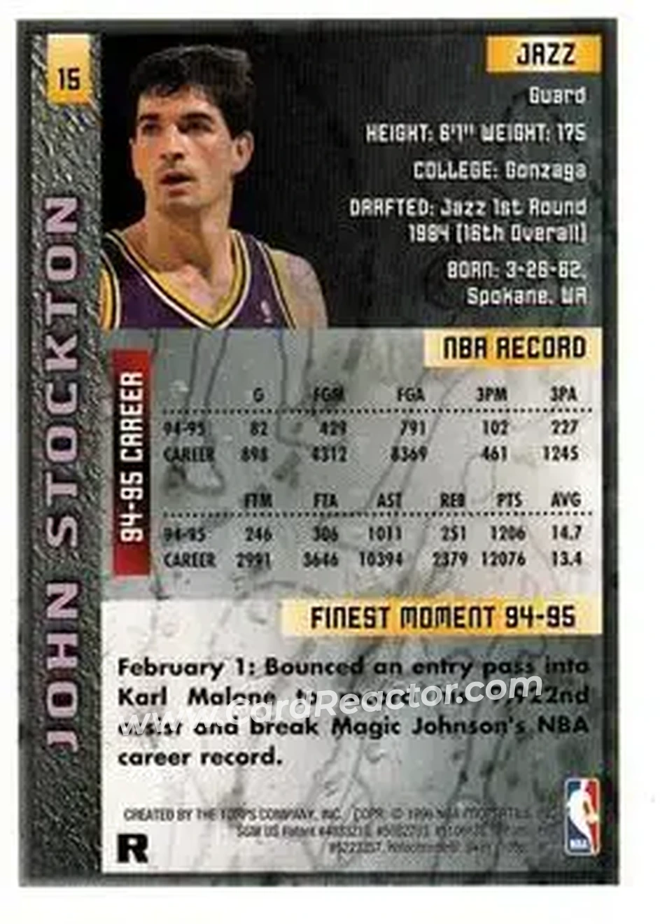1995-96 Finest - Refractors #15 - John Stockton - Utah Jazz - Back