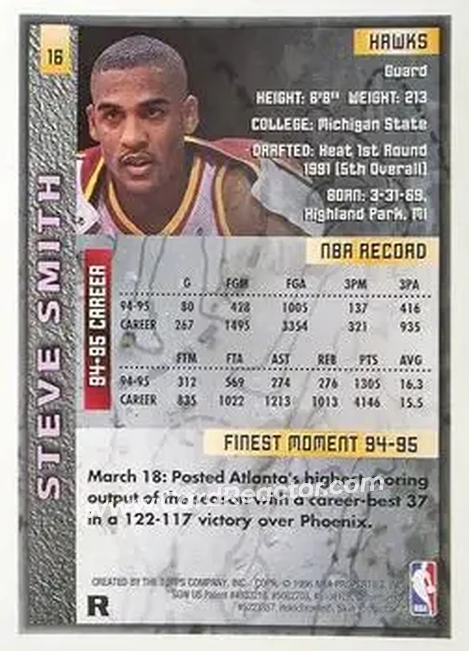 1995-96 Finest - Refractors #16 - Steve Smith - Atlanta Hawks - Back