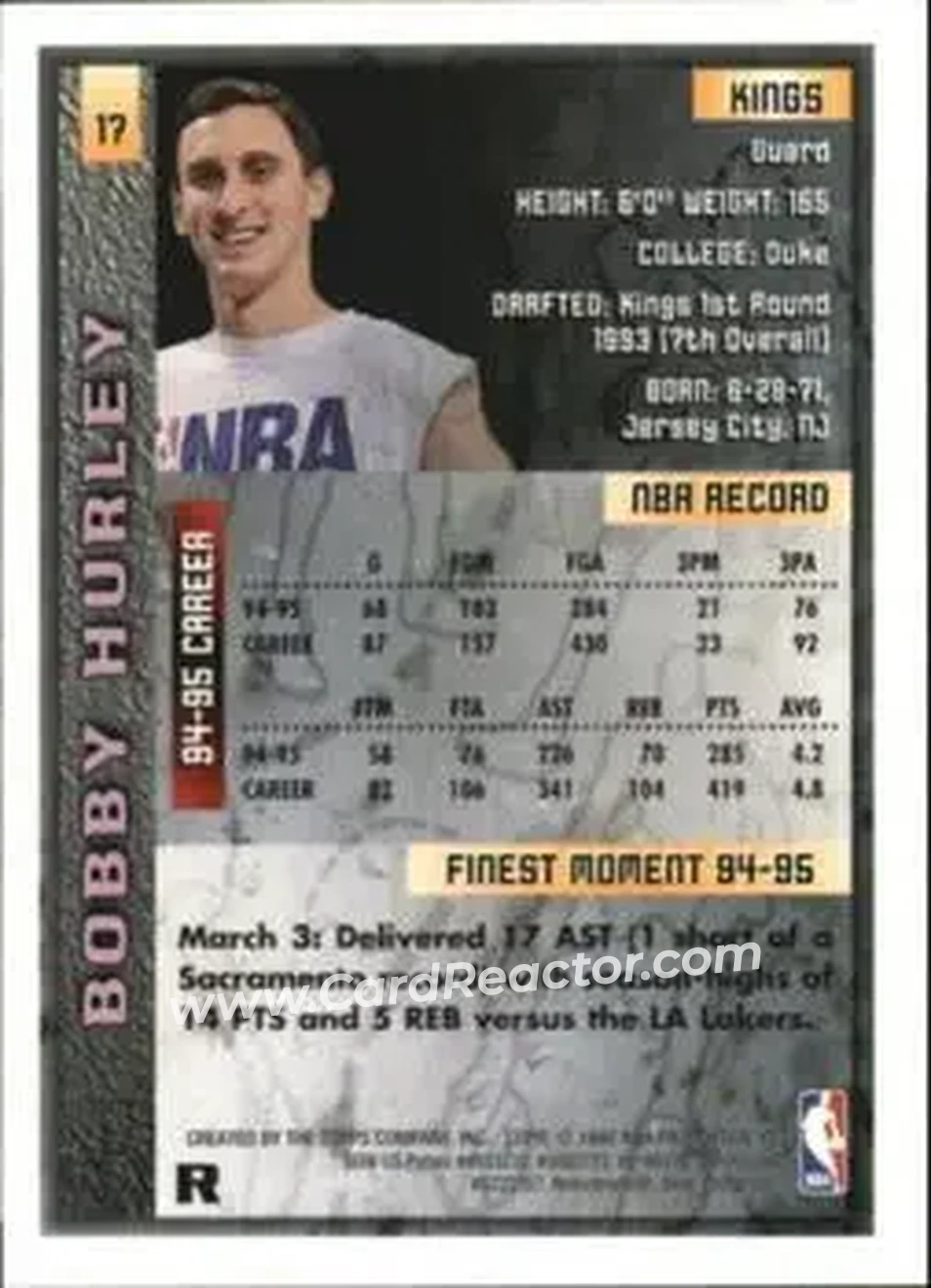 1995-96 Finest - Refractors #17 - Bobby Hurley - Sacramento Kings - Back