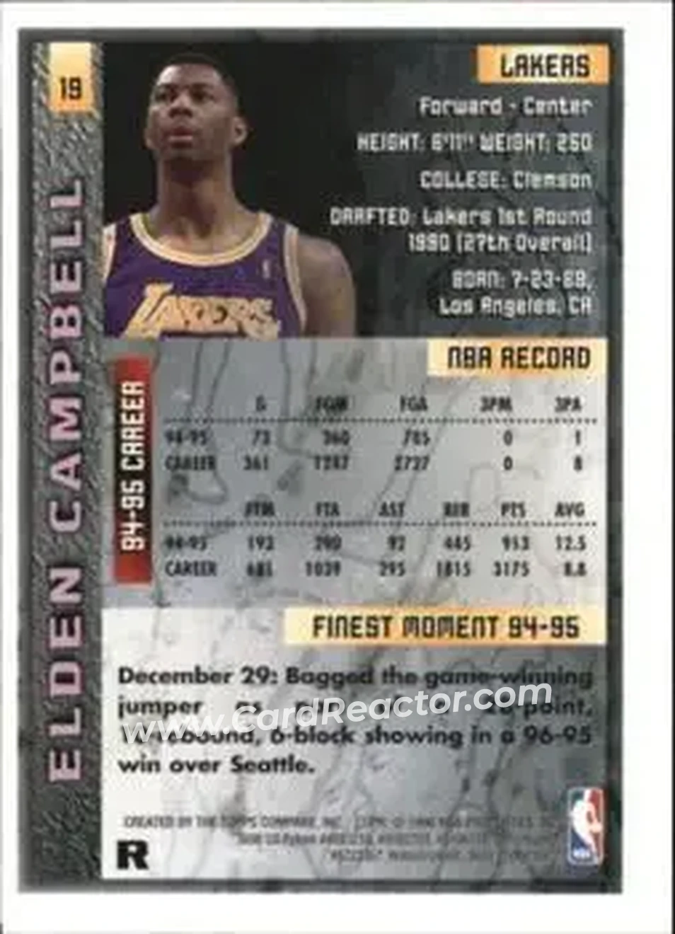 1995-96 Finest - Refractors #19 - Elden Campbell - Los Angeles Lakers - Back