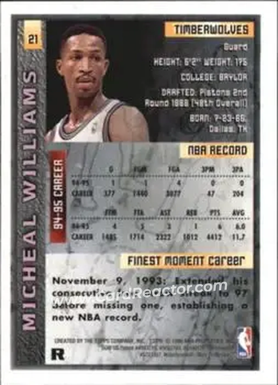 1995-96 Finest - Refractors #21 - Micheal Williams - Minnesota Timberwolves - Back
