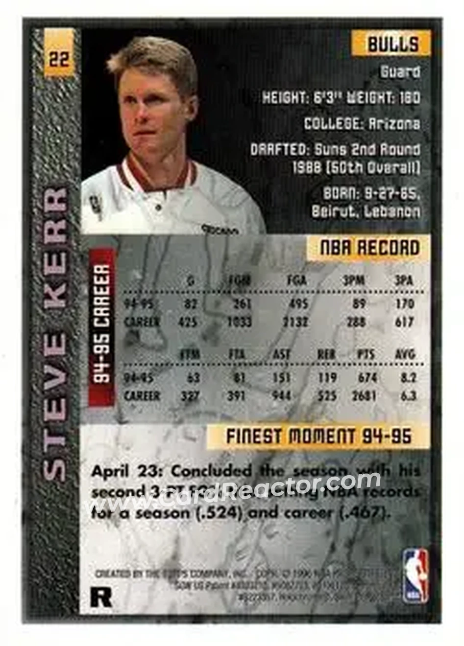 1995-96 Finest - Refractors #22 - Steve Kerr - Chicago Bulls - Back