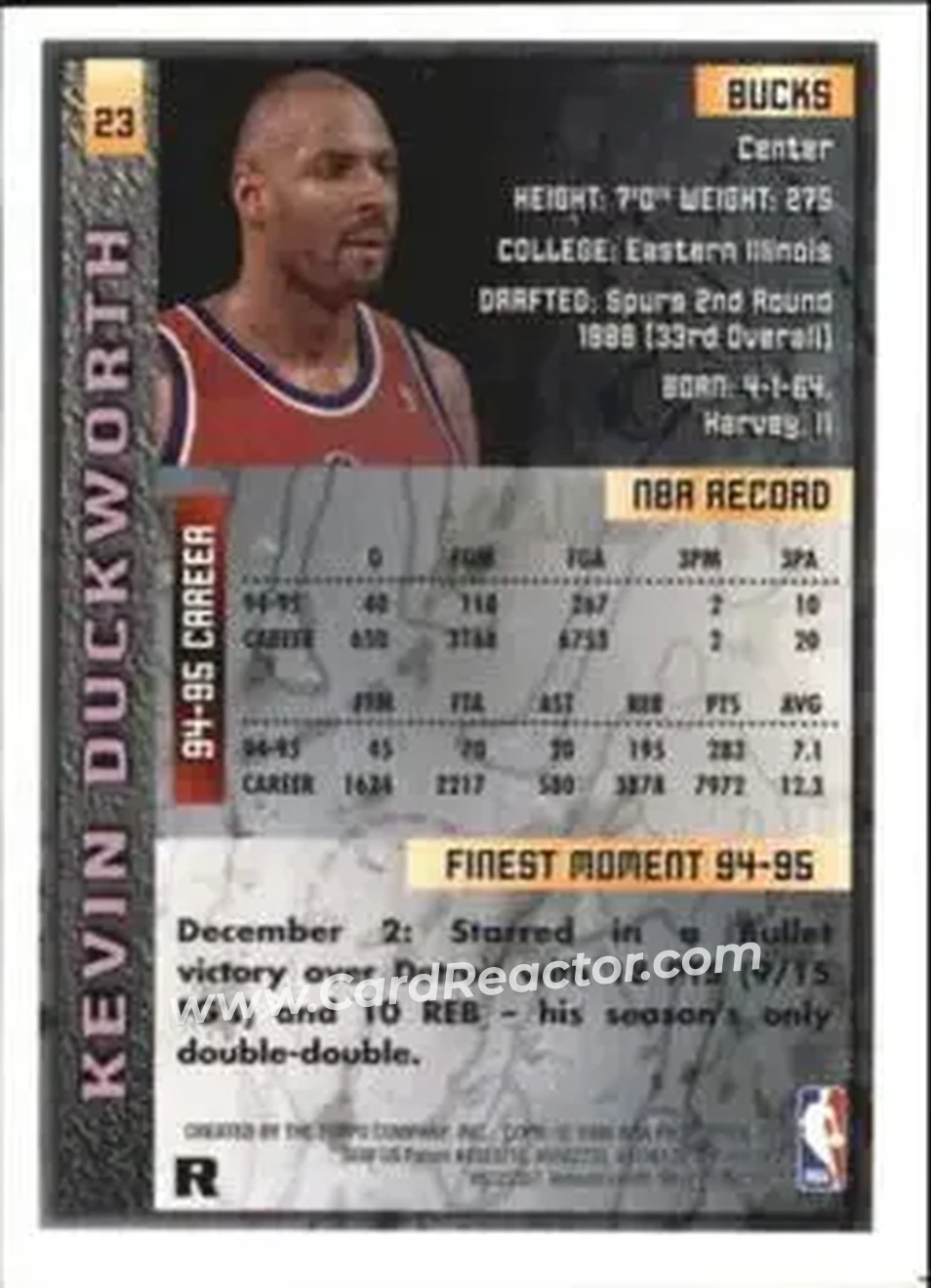 1995-96 Finest - Refractors #23 - Kevin Duckworth - Milwaukee Bucks - Back 1995-96 Finest - Refractors #23 - Kevin Duckworth - Milwaukee Bucks - Back