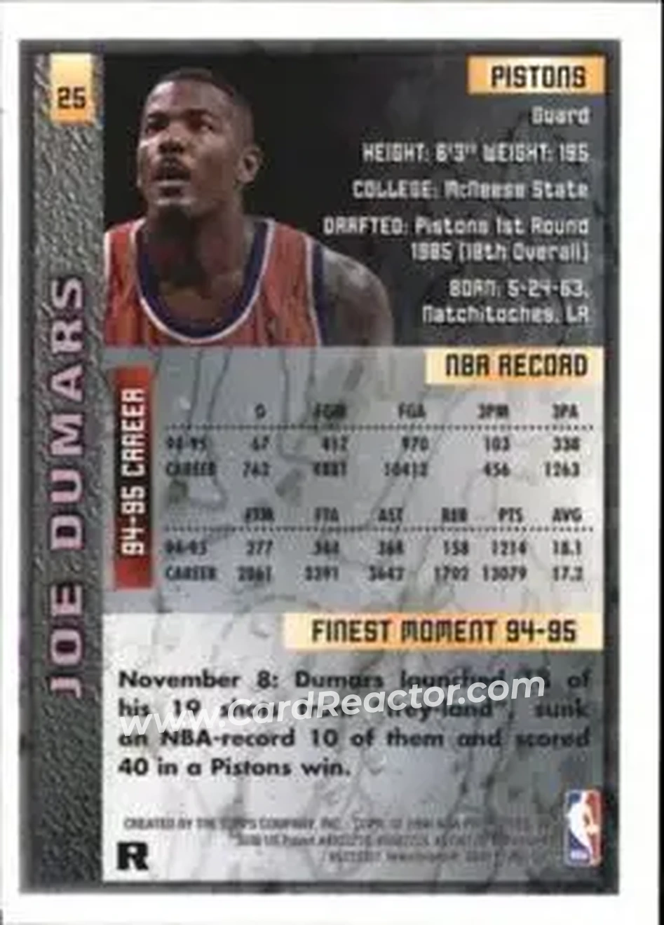 1995-96 Finest - Refractors #25 - Joe Dumars - Detroit Pistons - Back