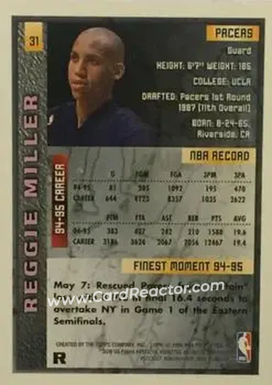 1995-96 Finest - Refractors #31 - Reggie Miller - Indiana Pacers - Back