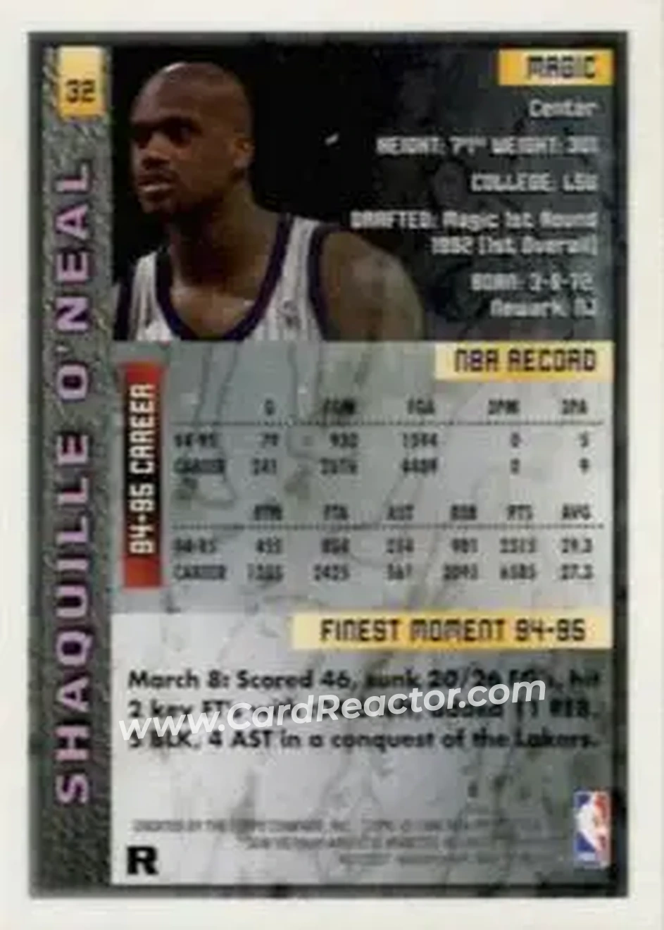 1995-96 Finest - Refractors #32 - Shaquille O'Neal - Orlando Magic - Back