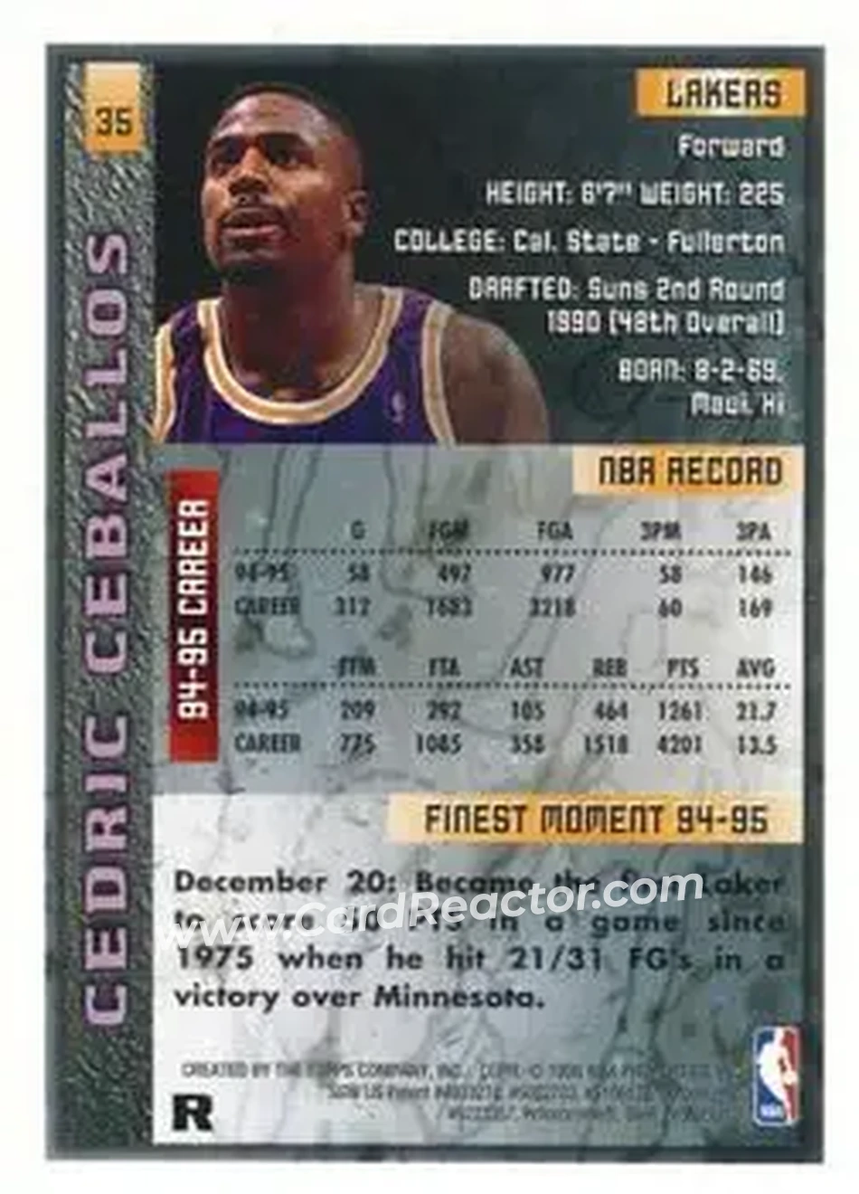 1995-96 Finest - Refractors #35 - Cedric Ceballos - Los Angeles Lakers - Back
