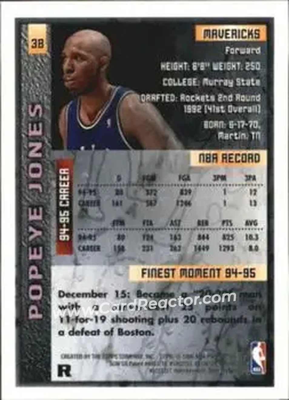 1995-96 Finest - Refractors #38 - Popeye Jones - Dallas Mavericks - Back