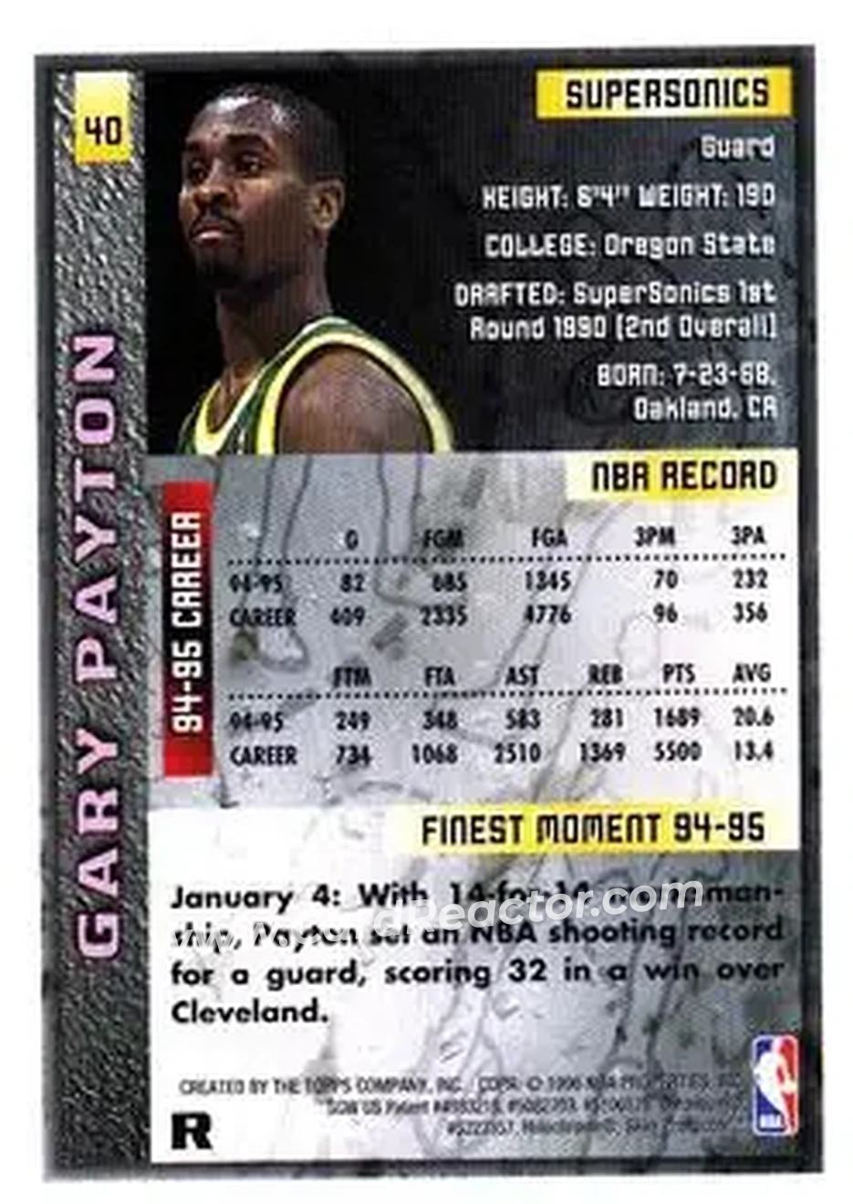 1995-96 Finest - Refractors #40 - Gary Payton - Seattle SuperSonics - Back