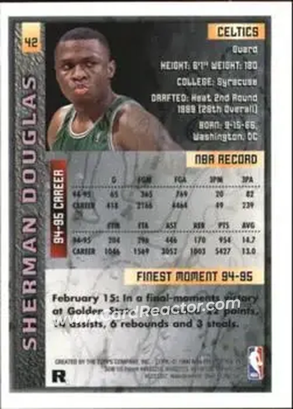 1995-96 Finest - Refractors #42 - Sherman Douglas - Boston Celtics - Back