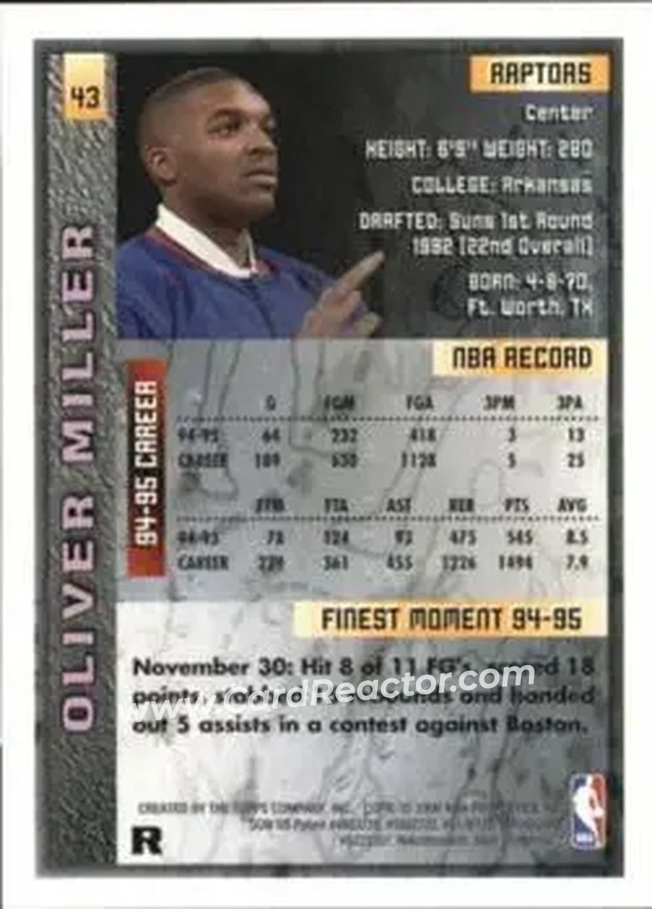 1995-96 Finest - Refractors #43 - Oliver Miller - Toronto Raptors - Back