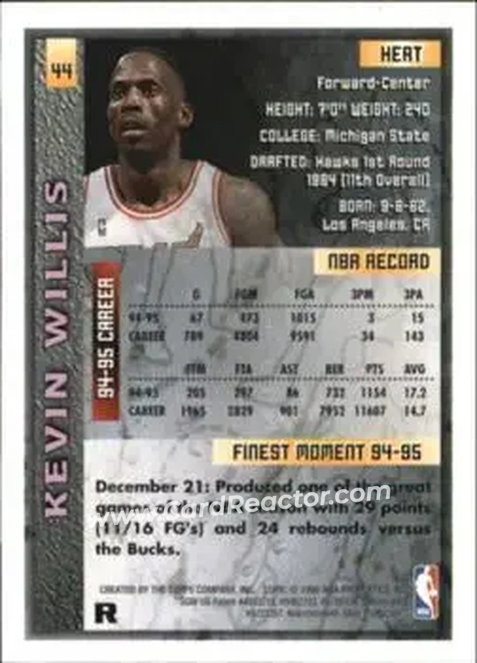 1995-96 Finest - Refractors #44 - Kevin Willis - Miami Heat - Back