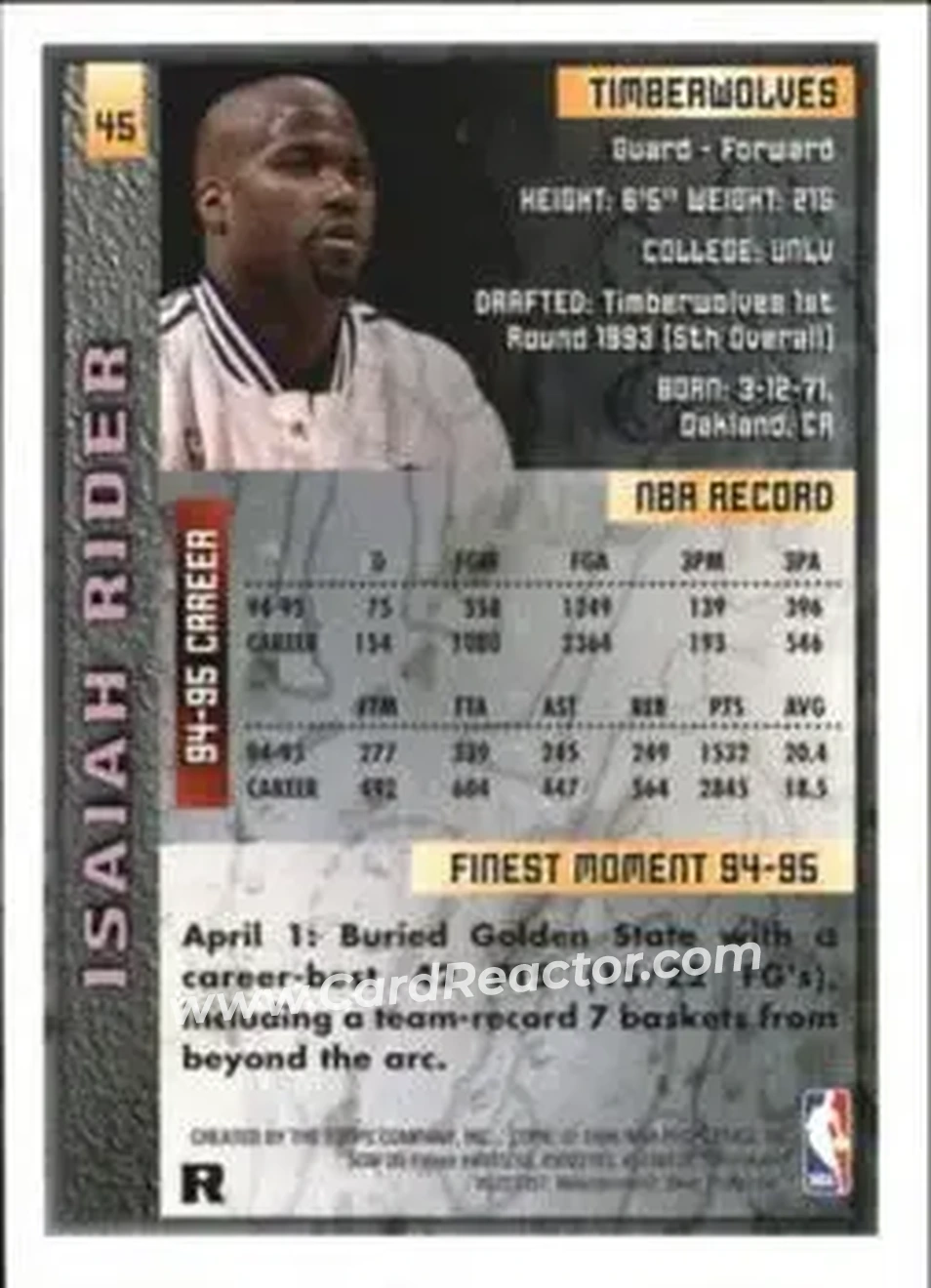 1995-96 Finest - Refractors #45 - Isaiah Rider - Minnesota Timberwolves - Back