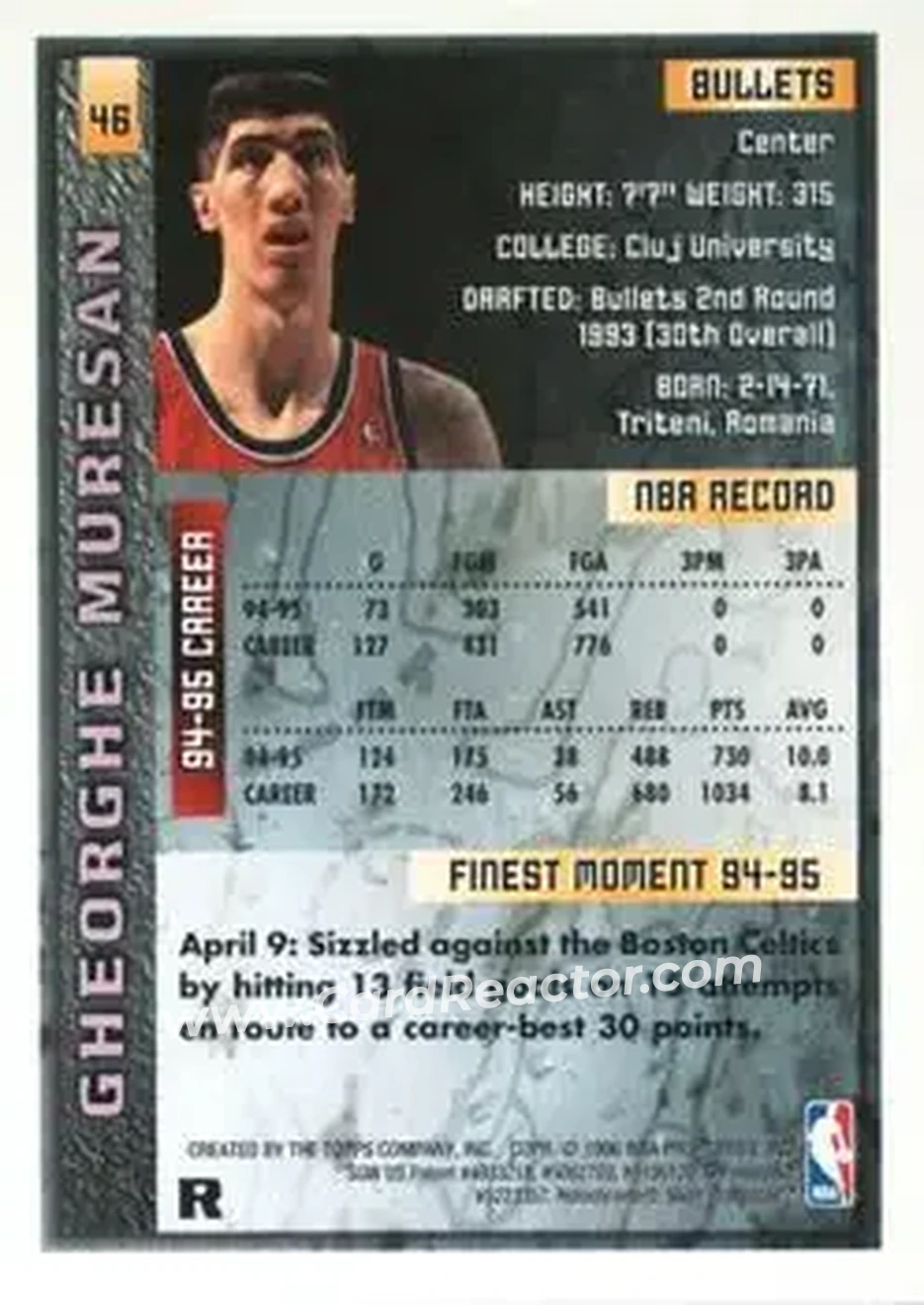 1995-96 Finest - Refractors #46 - Gheorghe Mureșan - Washington Bullets - Back