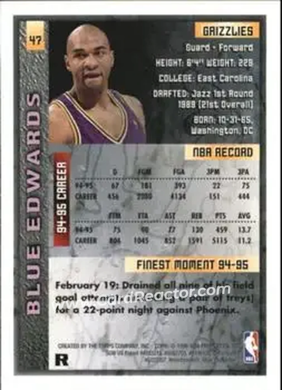 1995-96 Finest - Refractors #47 - Blue Edwards - Vancouver Grizzlies - Back