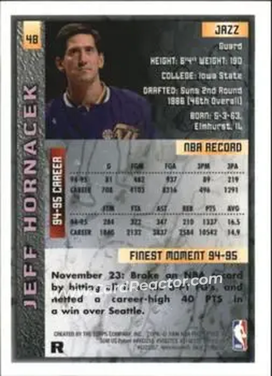 1995-96 Finest - Refractors #48 - Jeff Hornacek - Utah Jazz - Back