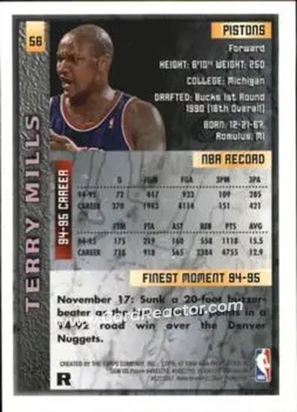 1995-96 Finest - Refractors #56 - Terry Mills - Detroit Pistons - Back