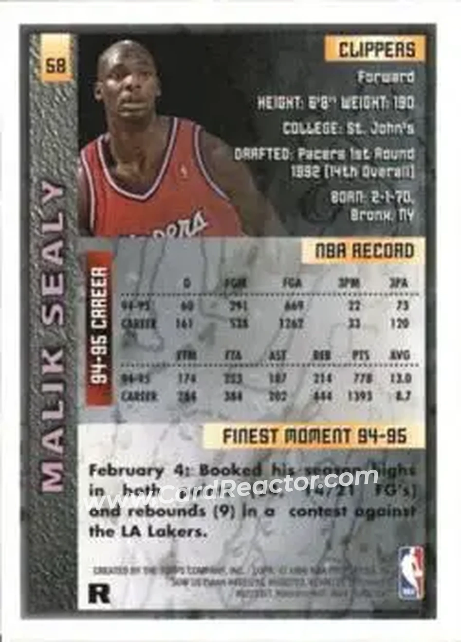 1995-96 Finest - Refractors #58 - Malik Sealy - Los Angeles Clippers - Back