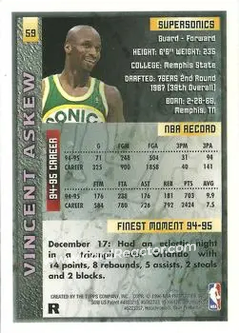 1995-96 Finest - Refractors #59 - Vincent Askew - Seattle SuperSonics - Back