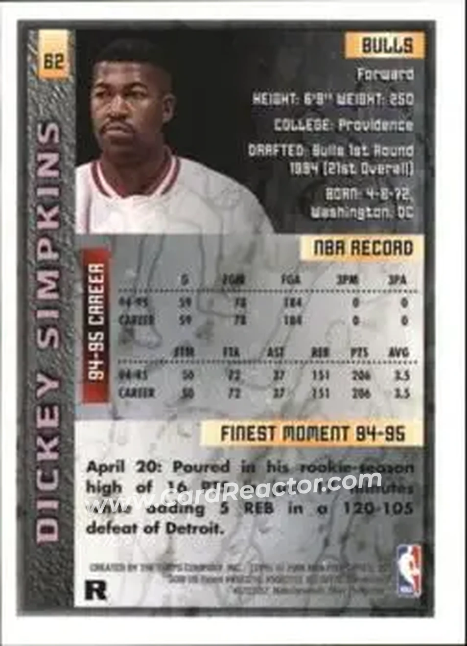1995-96 Finest - Refractors #62 - Dickey Simpkins - Chicago Bulls - Back 1995-96 Finest - Refractors #62 - Dickey Simpkins - Chicago Bulls - Back