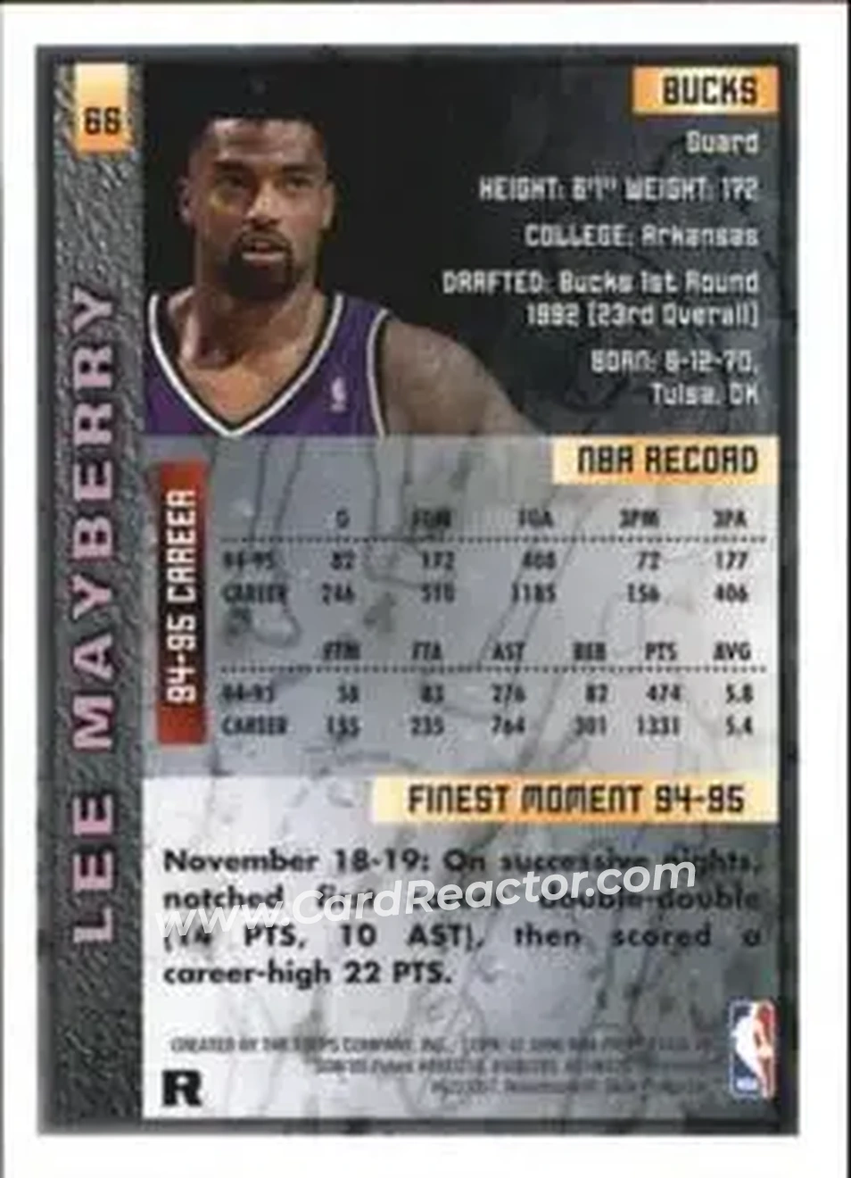 1995-96 Finest - Refractors #66 - Lee Mayberry - Milwaukee Bucks - Back