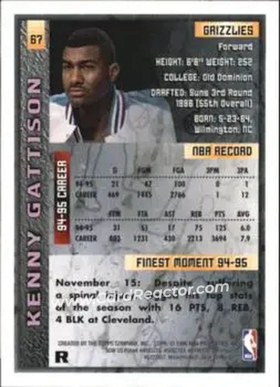 1995-96 Finest - Refractors #67 - Kenny Gattison - Vancouver Grizzlies - Back