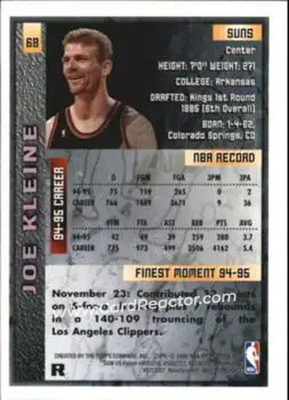 1995-96 Finest - Refractors #68 - Joe Kleine - Phoenix Suns - Back