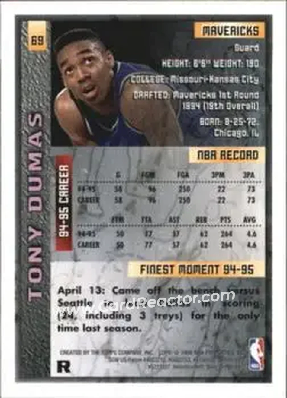 1995-96 Finest - Refractors #69 - Tony Dumas - Dallas Mavericks - Back