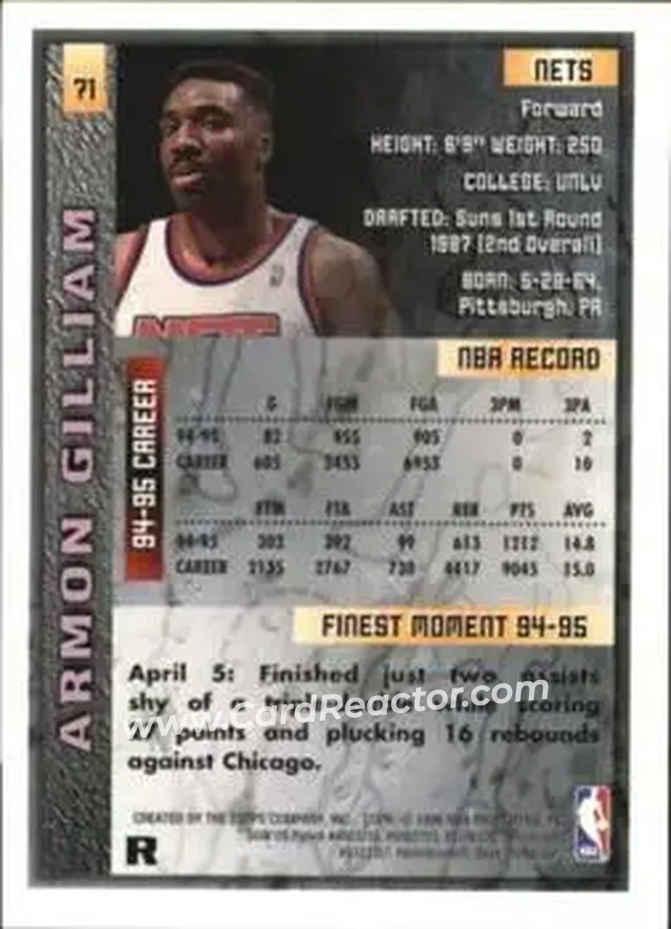 1995-96 Finest - Refractors #71 - Armon Gilliam - New Jersey Nets - Back