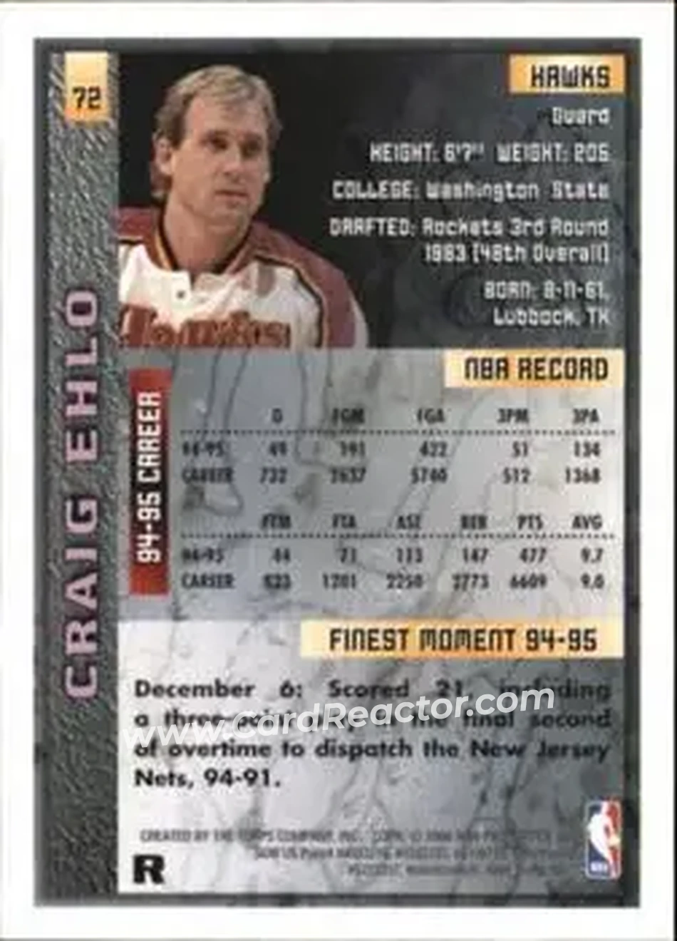 1995-96 Finest - Refractors #72 - Craig Ehlo - Atlanta Hawks - Back