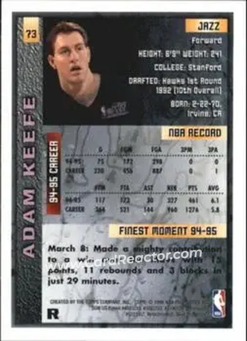 1995-96 Finest - Refractors #73 - Adam Keefe - Utah Jazz - Back 1995-96 Finest - Refractors #73 - Adam Keefe - Utah Jazz - Back