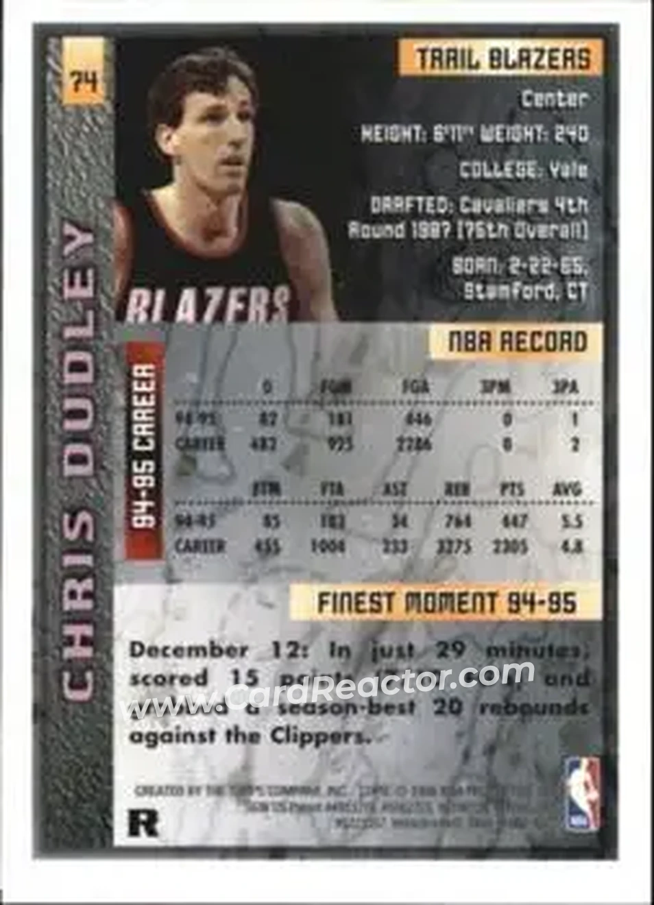 1995-96 Finest - Refractors #74 - Chris Dudley - Portland Trail Blazers - Back 1995-96 Finest - Refractors #74 - Chris Dudley - Portland Trail Blazers - Back