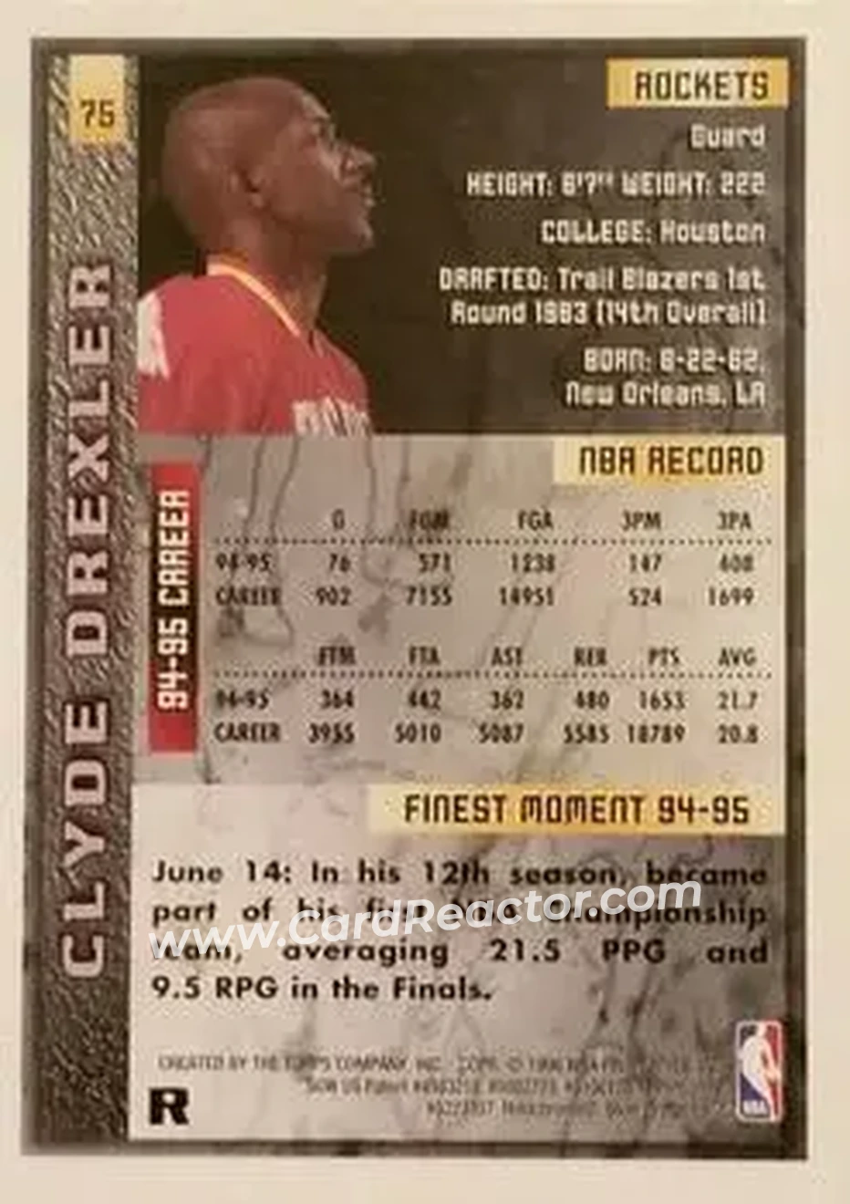 1995-96 Finest - Refractors #75 - Clyde Drexler - Houston Rockets - Back
