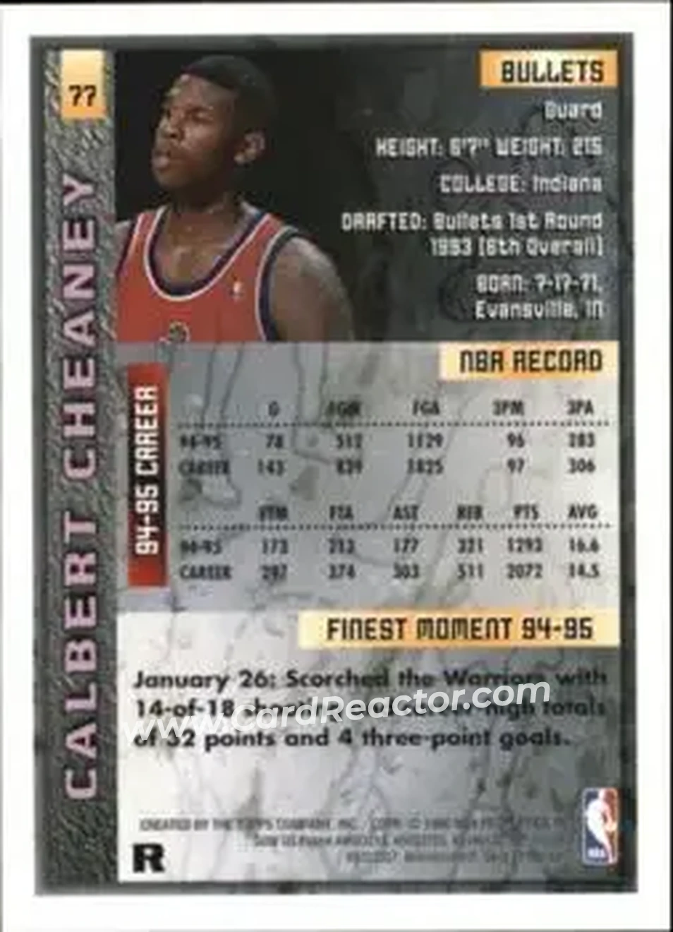 1995-96 Finest - Refractors #77 - Calbert Cheaney - Washington Bullets - Back