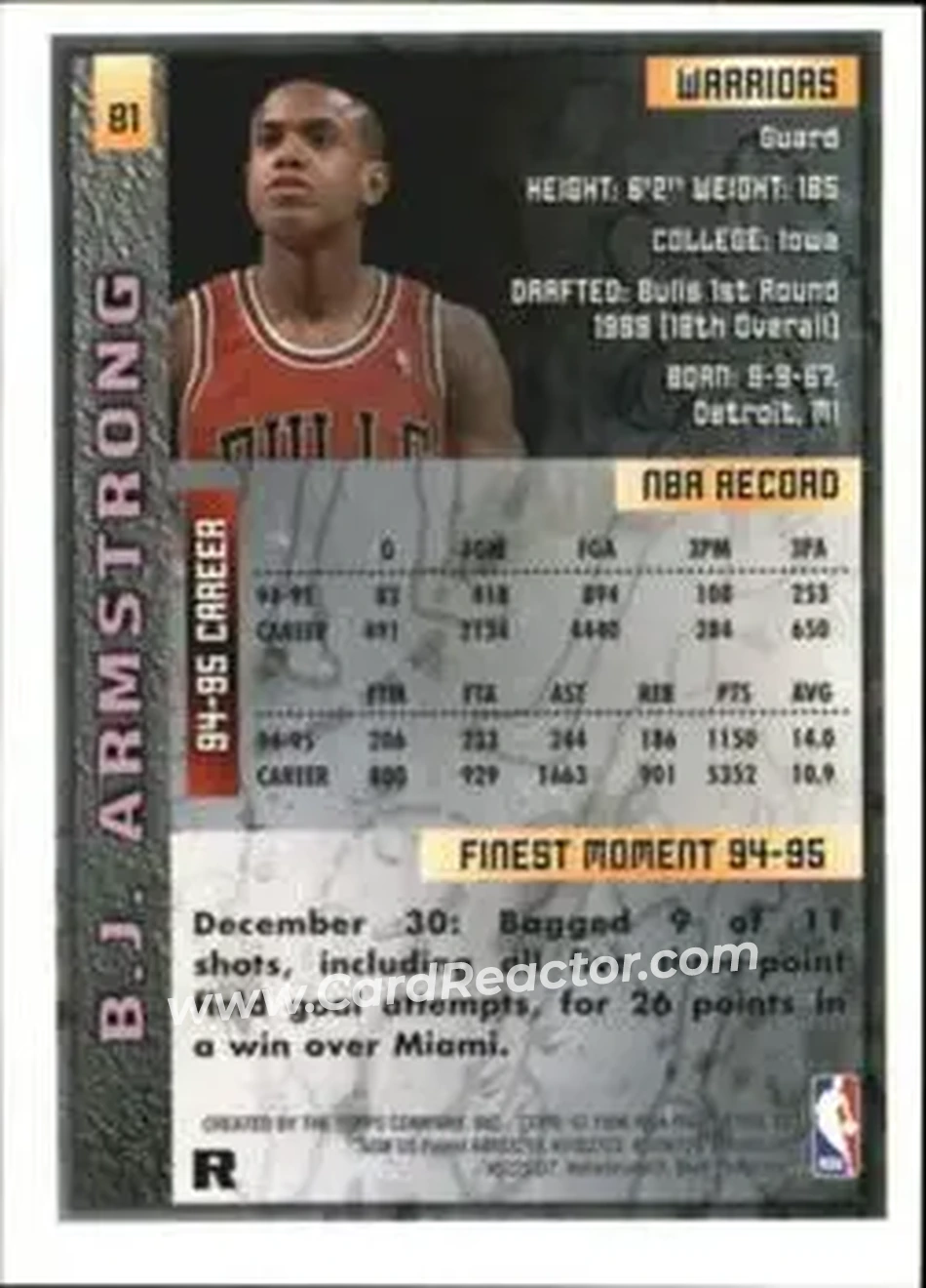 1995-96 Finest - Refractors #81 - B.J. Armstrong - Golden State Warriors - Back