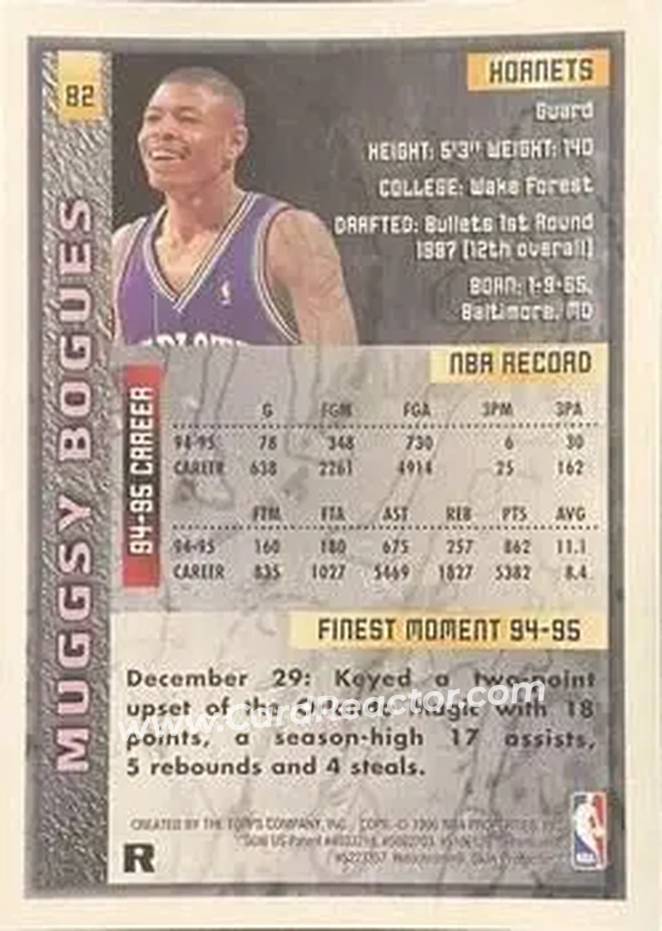 1995-96 Finest - Refractors #82 - Muggsy Bogues - Charlotte Hornets - Back 1995-96 Finest - Refractors #82 - Muggsy Bogues - Charlotte Hornets - Back