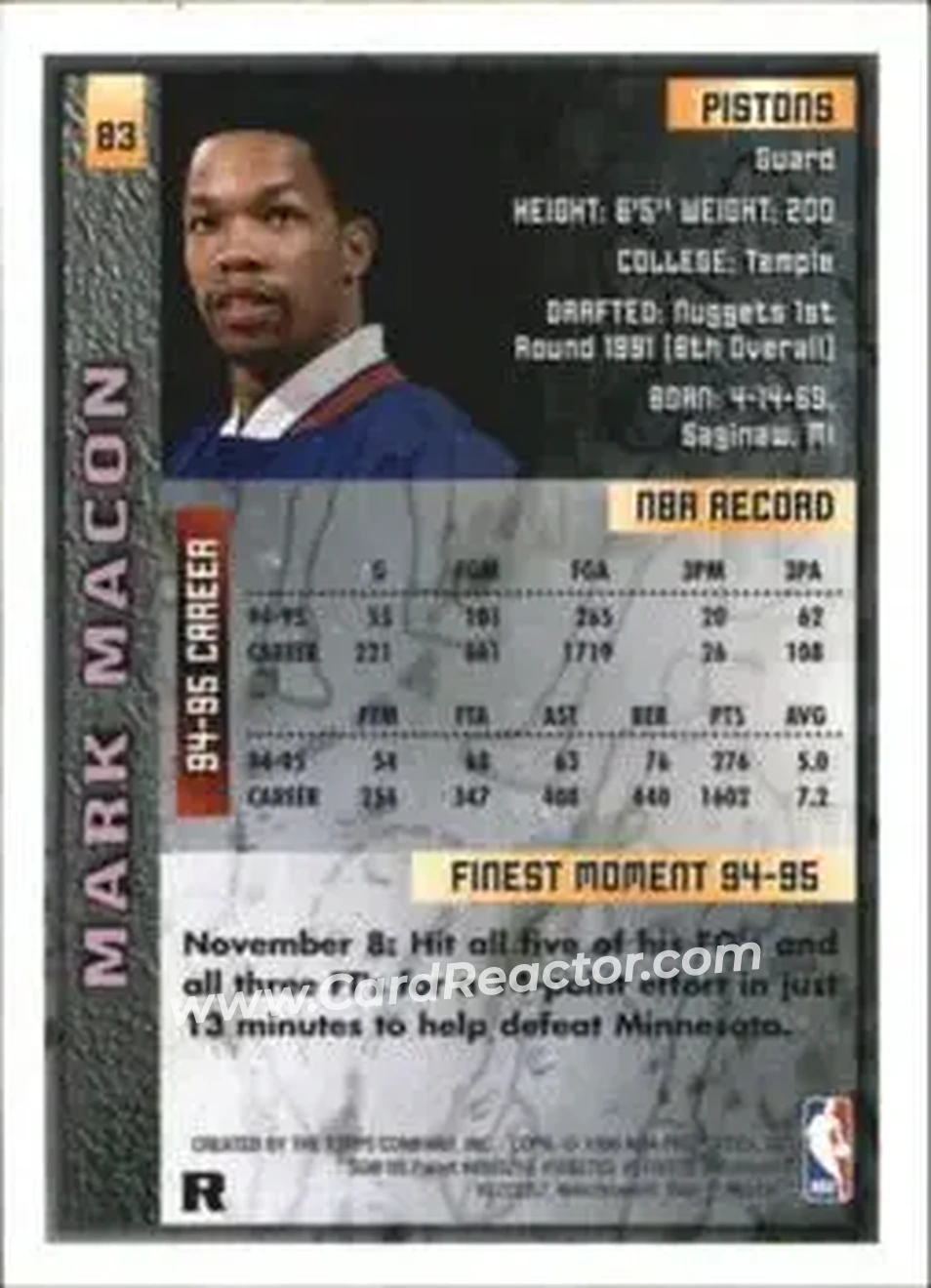 1995-96 Finest - Refractors #83 - Mark Macon - Detroit Pistons - Back