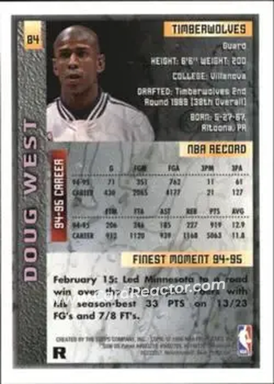 1995-96 Finest - Refractors #84 - Doug West - Minnesota Timberwolves - Back