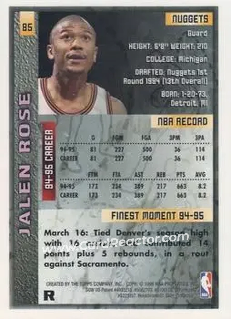 1995-96 Finest - Refractors #85 - Jalen Rose - Denver Nuggets - Back