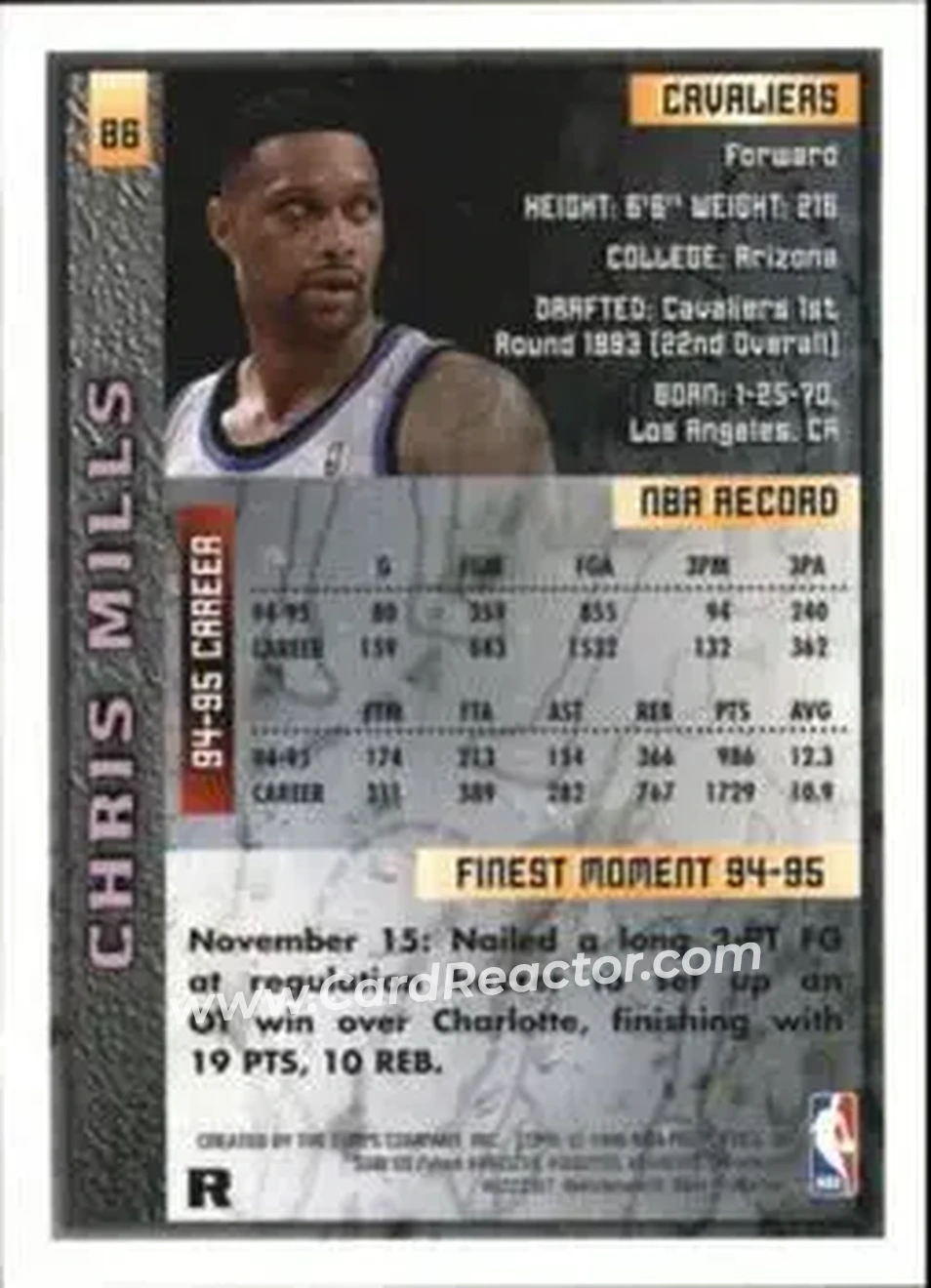 1995-96 Finest - Refractors #86 - Chris Mills - Cleveland Cavaliers - Back