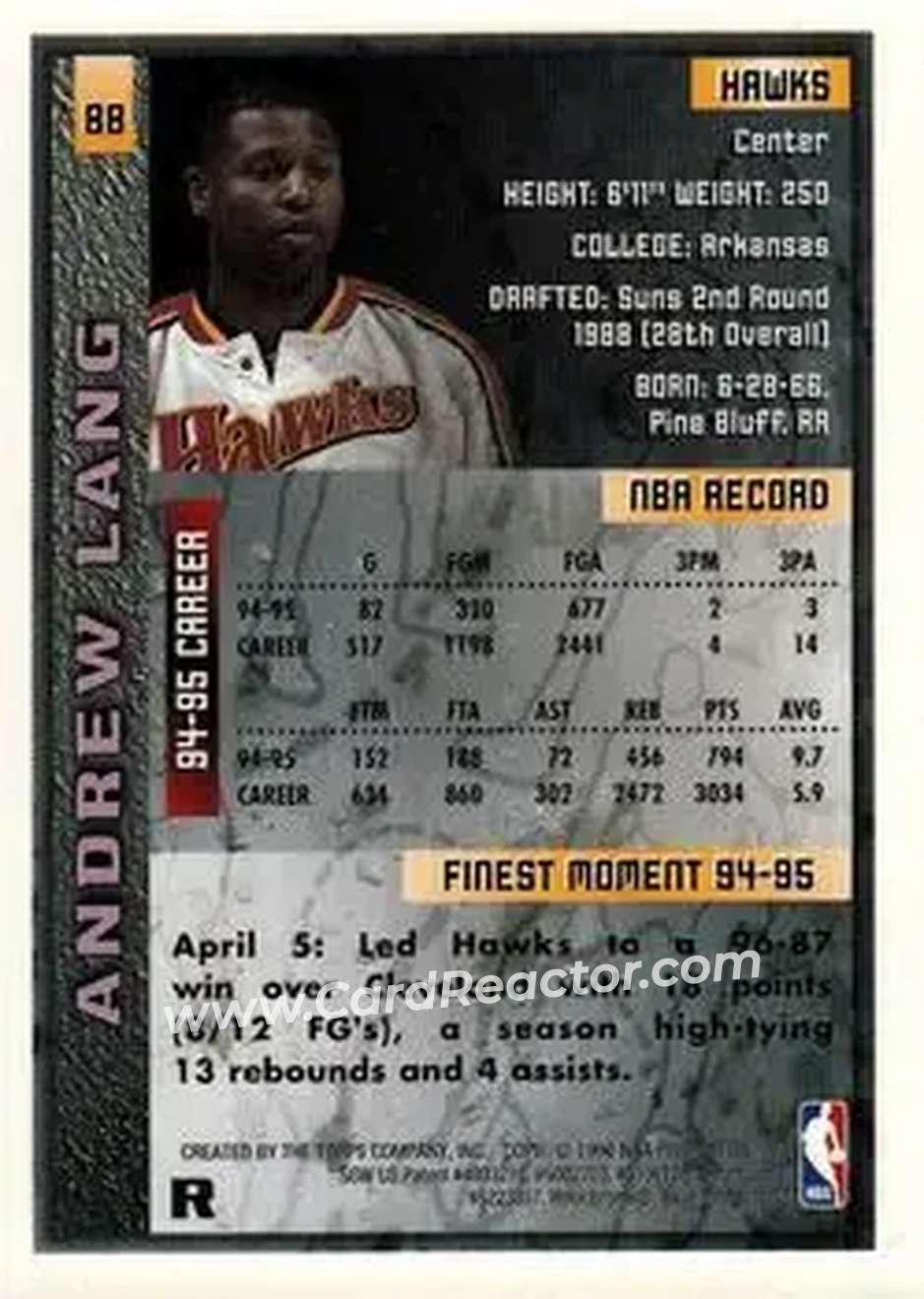 1995-96 Finest - Refractors #88 - Andrew Lang - Atlanta Hawks - Back